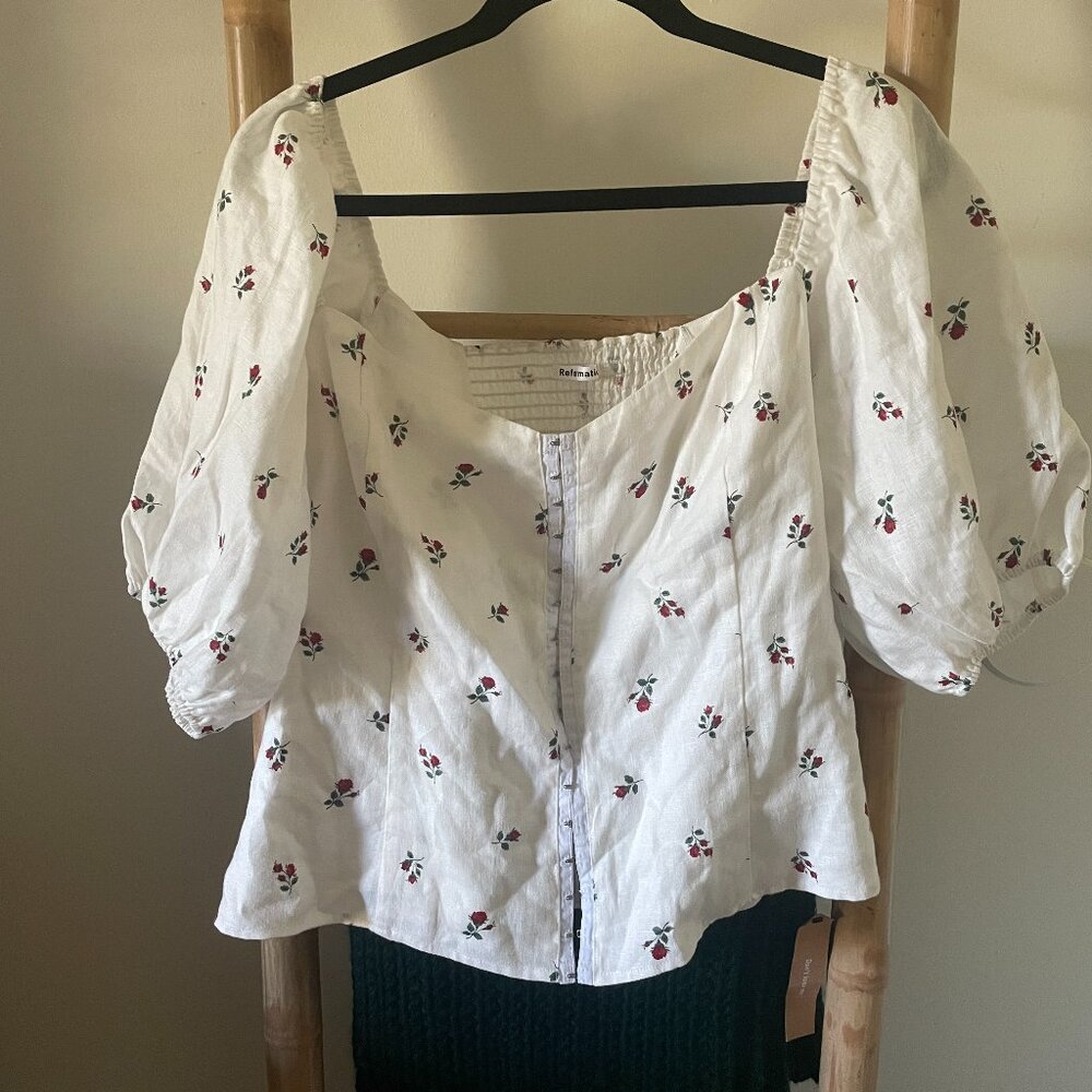 NWT Reformation Romi Top Puff Sleeve Linen Blouse Size 16 Rose Pattern
